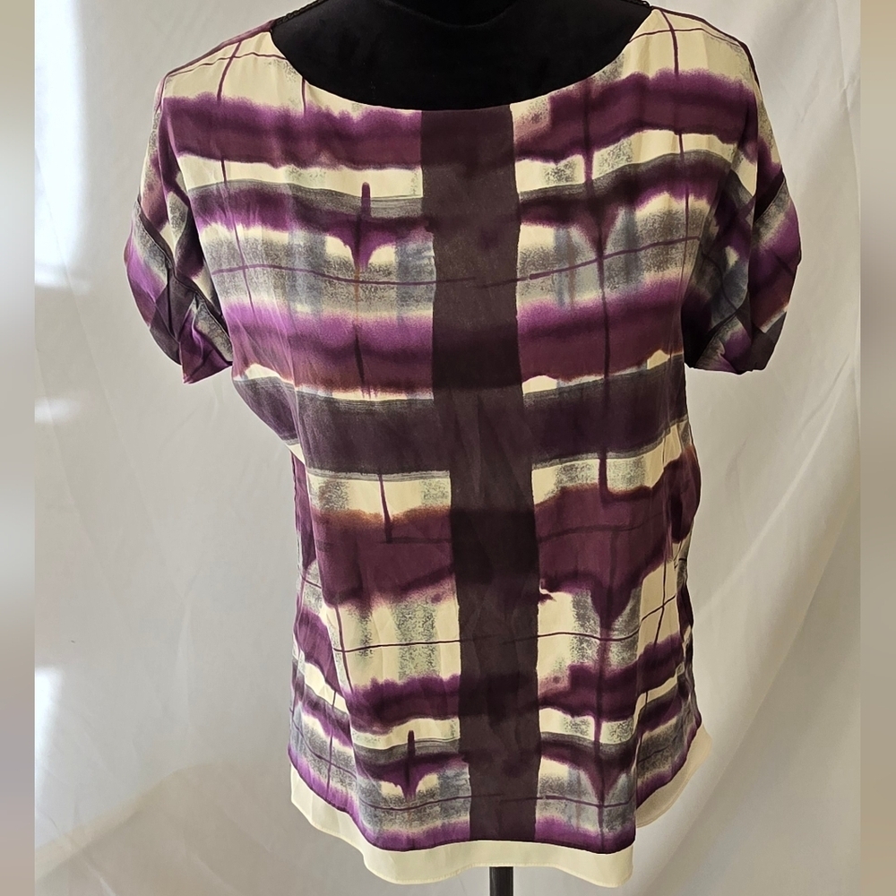 alice+olivia women XS silk watercolor 3/4 zipper blouse short sleeve boho Career - Picture 2 of 8